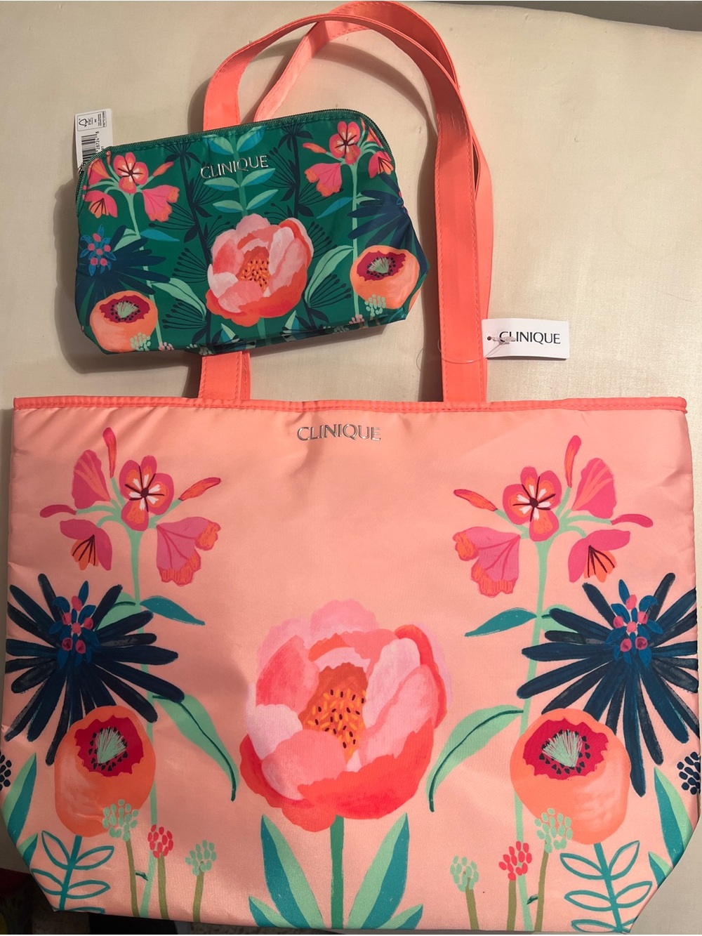 Clinique Coral Pink Floral Tote with Teal Floral Pouch